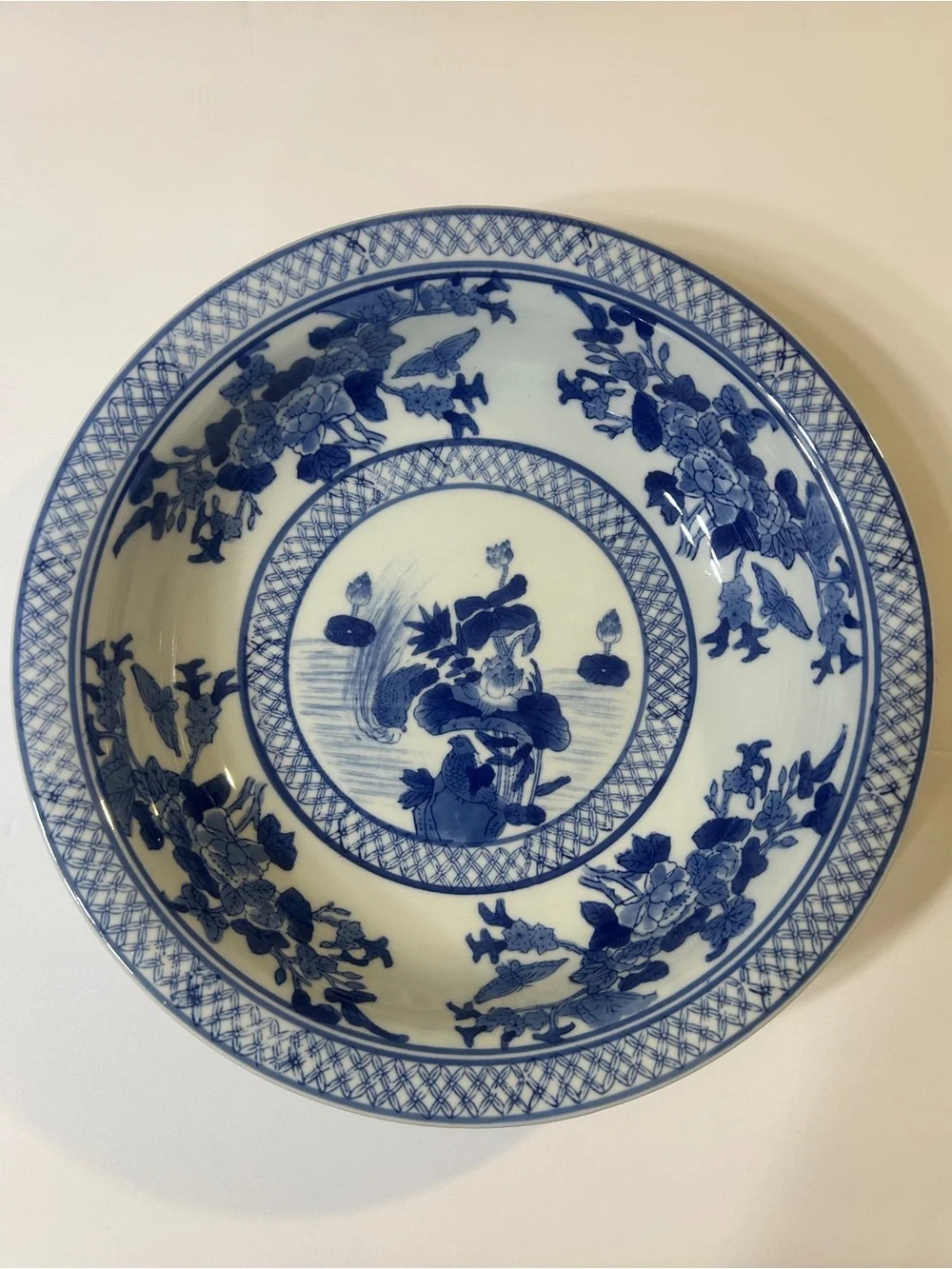 China Export Large Chinoiserie Blue and White Bowl Floral Birds 11 3/4”